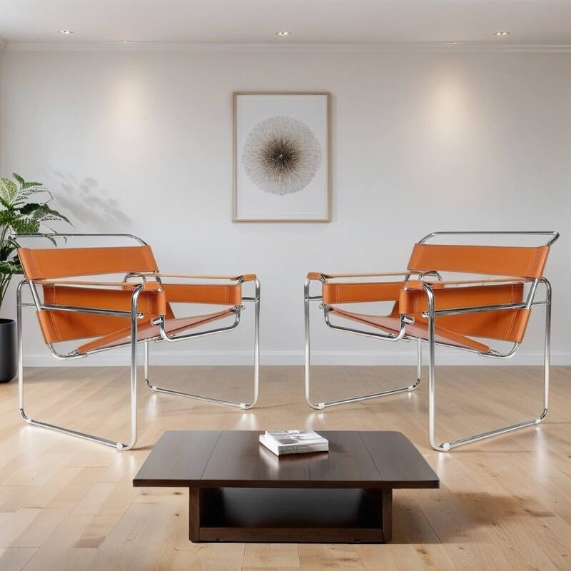 Momei Mid-Century Modern Saddle Leather Accent Chair with Stainless Steel Chair Leg