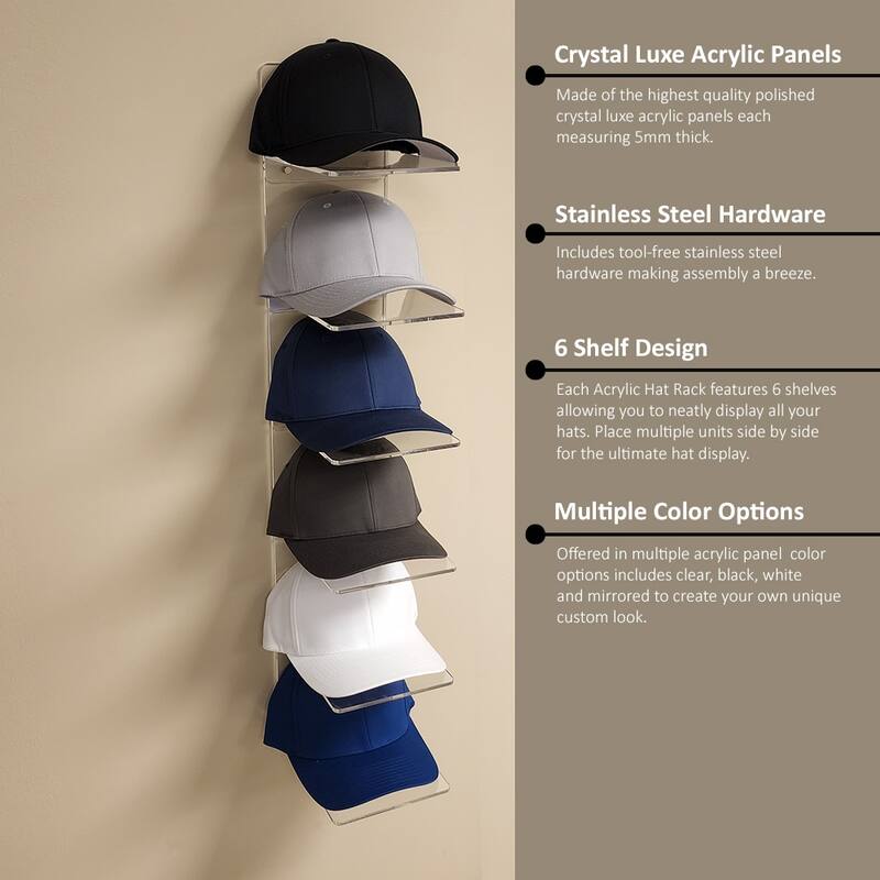 OnDisplay Luxe Acrylic Hat Rack Display - Wall Mounted Baseball Cap Organizer - Multi Shelf Wall Display for Hats