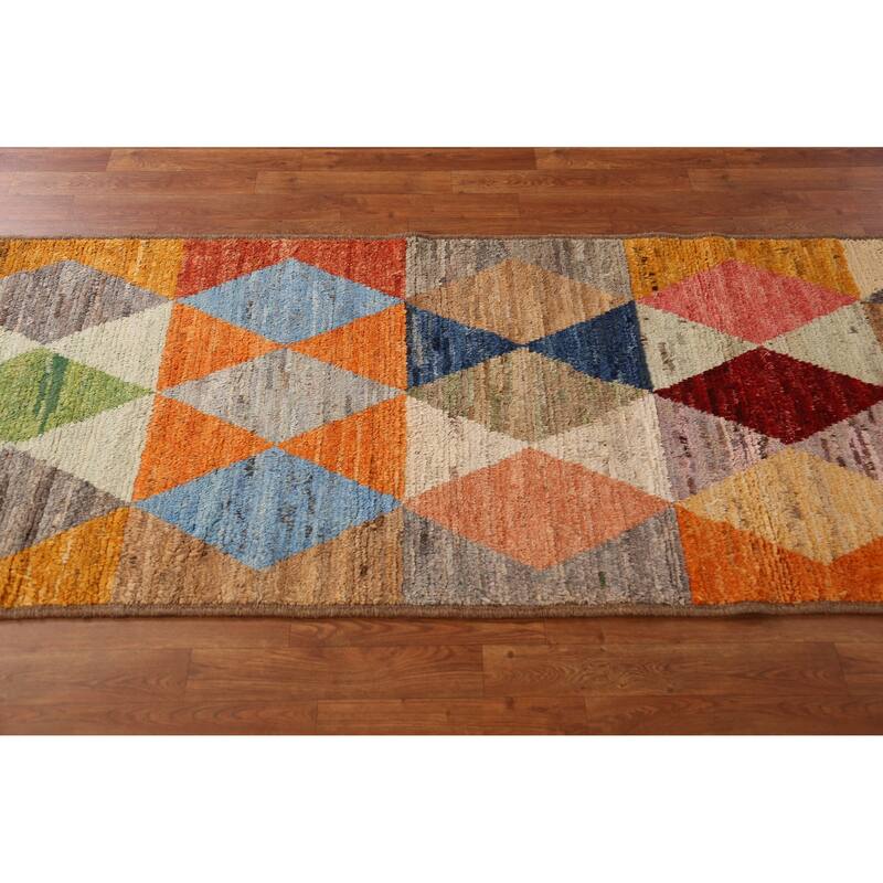 Geometric Moroccan Runner Rug Handmade Oriental Tribal Wool Carpet - 2'11" x 9'11"