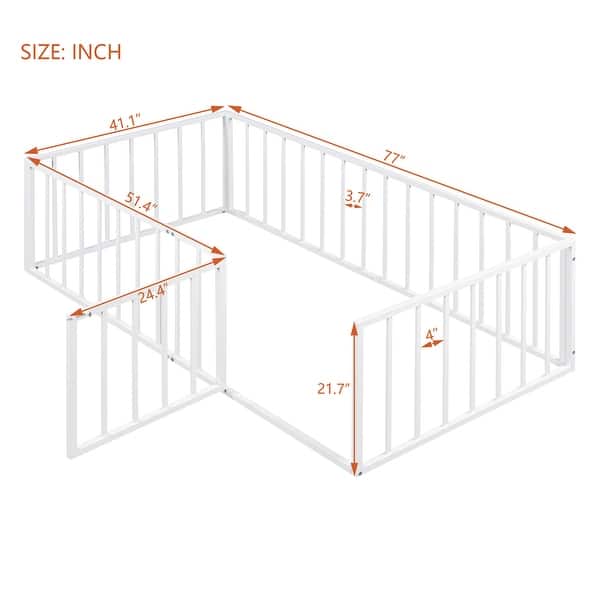 dimension image slide 1 of 2, Twin Size Metal Floor Bed Frame with Fence and Door for Kids' Bedroom