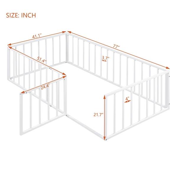 White Twin Size Metal Floor Bed Frame with Fence and Door for Kids, Boys and Girls, Bedroom