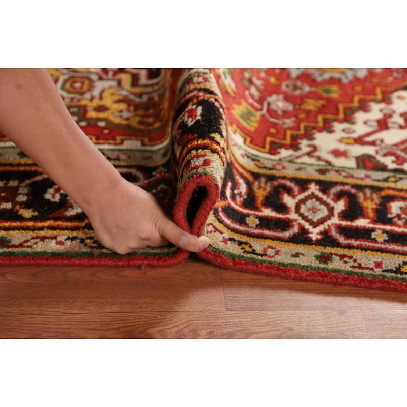Orange Geometric Heriz Serapi Indian Rug Hand-Knotted Wool Carpet - 4'1" x 5'11"