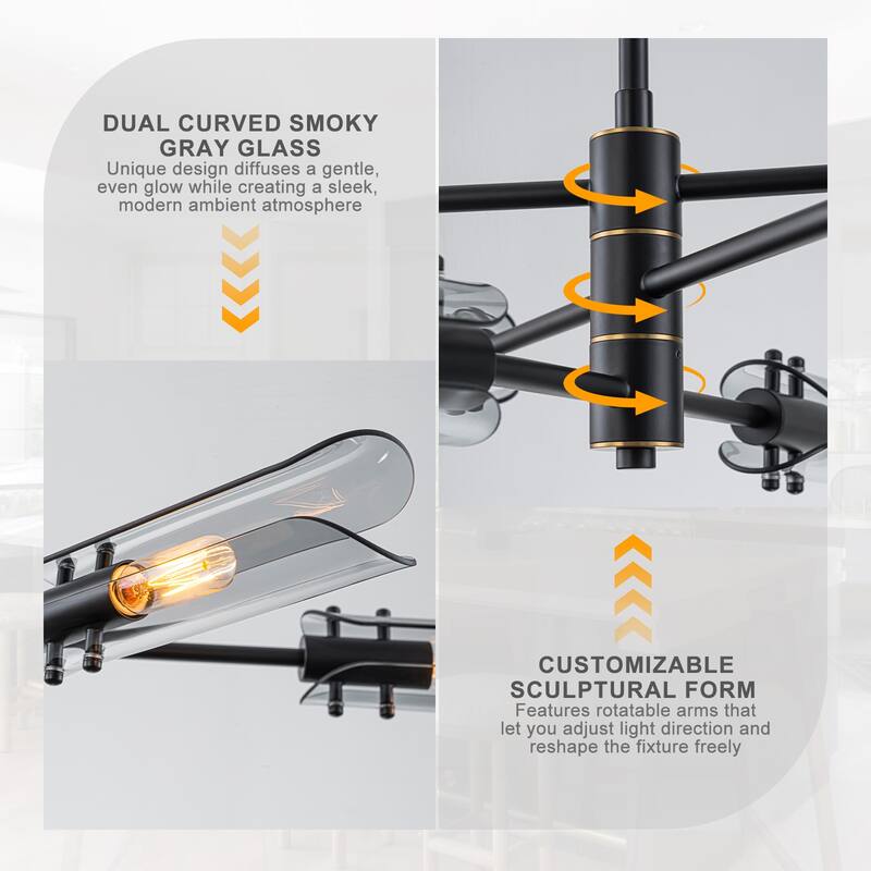6-Light Modern Branch Chandelier 2-in-1 Curved Smoke Glass Panels - Dia.47.24-in