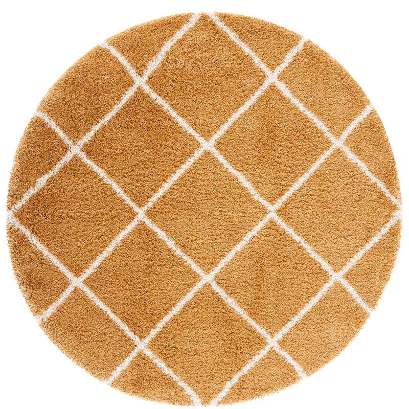 SAFAVIEH Hudson Shag Estella Diamond Trellis 2-inch Thick Rug - 7' x 7' Round - Gold/Ivory
