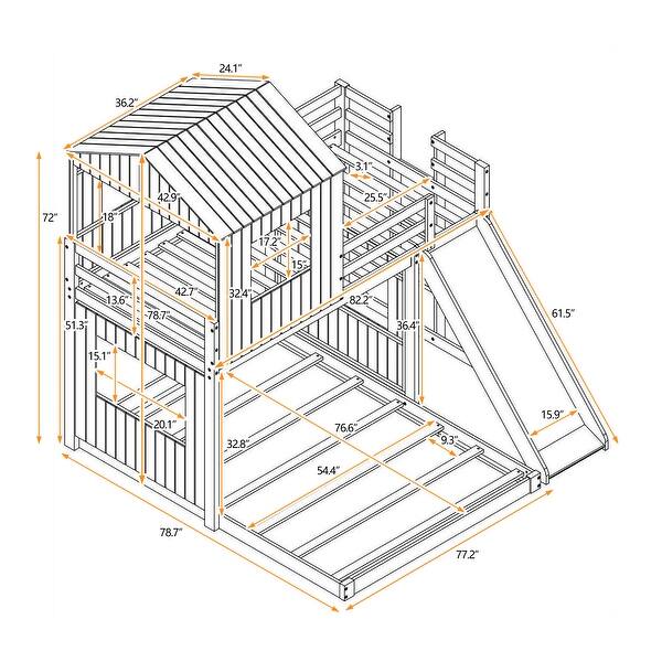 dimension image slide 1 of 2, Twin-Full Wooden Bunk Playhouse Bed Frame with Semi-enclosed Farmhouse Frame, Slide Windows, Ladder, Guardrails for Kids, Teens