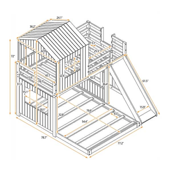 Twin Over Twin Loft Bunk Bed Playhouse Bedframe with Slide and Roof