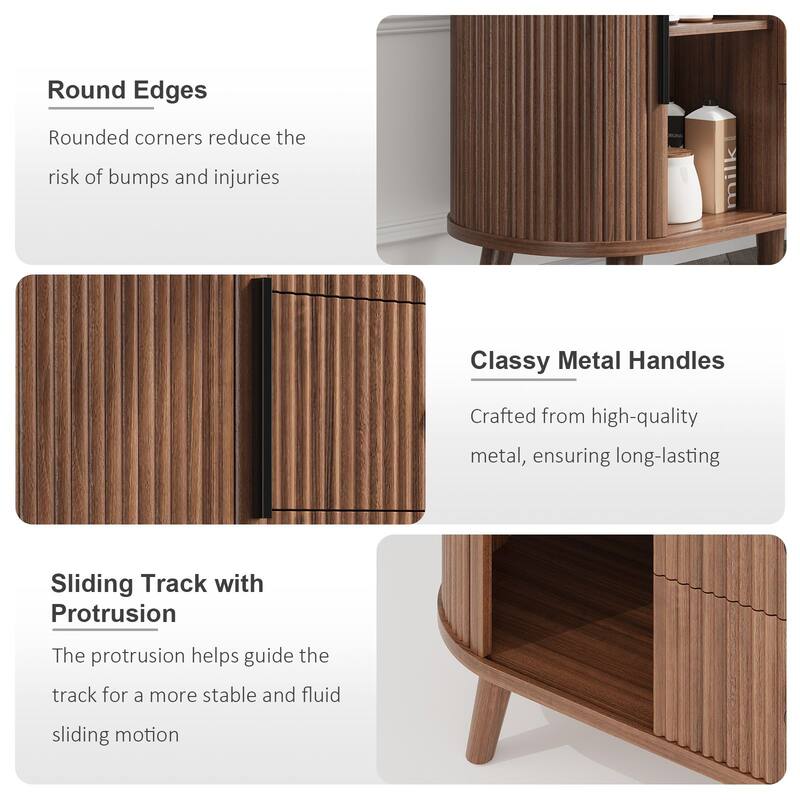 Fluted Sideboard Buffet Cabinet with Tambour Sliding Doors, Modern Coffee Bar Console with Storage & Adjustable Shelves