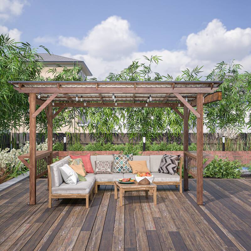 13' x 6.5' Wooden Pergola Grill Gazebo with Metal Roof