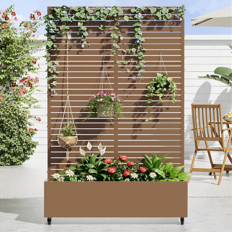 Metal Movable Planter Box with Trellis Privacy Screen Planter Box with Lockable Wheels - 72"x47" - Brown
