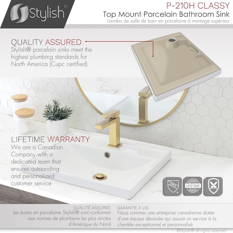 STYLISH 20 1/4 inch Rectangular Undermount Porcelain Bathroom Sink with two Overflow Finishes included - 20 1/4" x 16" x 6 1/4"