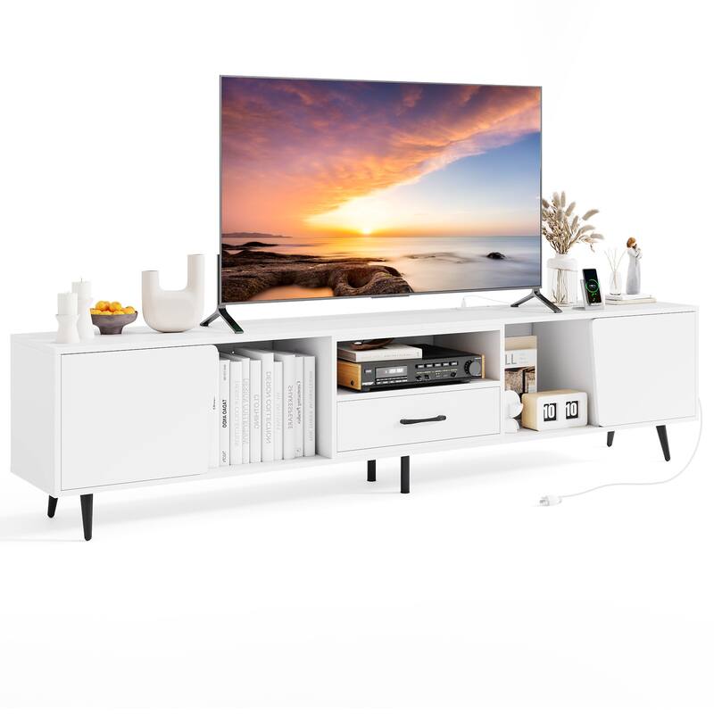79" White Entertainment Unit with Storage Cabinets Drawer and USB Power Strip Cable Holes for Living Room - 79" x 13" x 18"