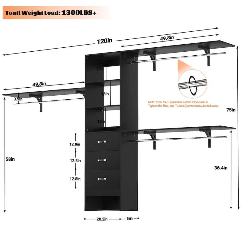 Rackcog 120'' Adjustable Closet Organizer with Drawers, Closet System with DIY Shelves for Reach-in and Walk-in Closet