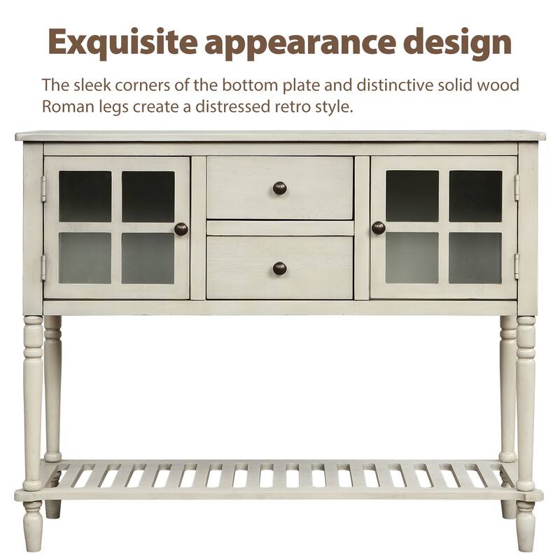 Distressed Wood Buffet Cabinet with Roman Legs and Brass Knobs for Entryway and Kitchen Storage