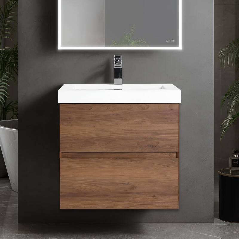 Blossom All Wood Wall Mounted Floating Bathroom Vanity with Sink - Brown Walnut - 36" Acrylic Sink