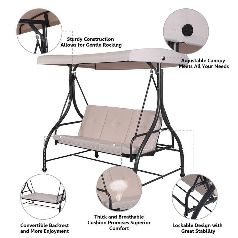 3-Seats Patio Swing Canopy Hammock Porch Swing Glider