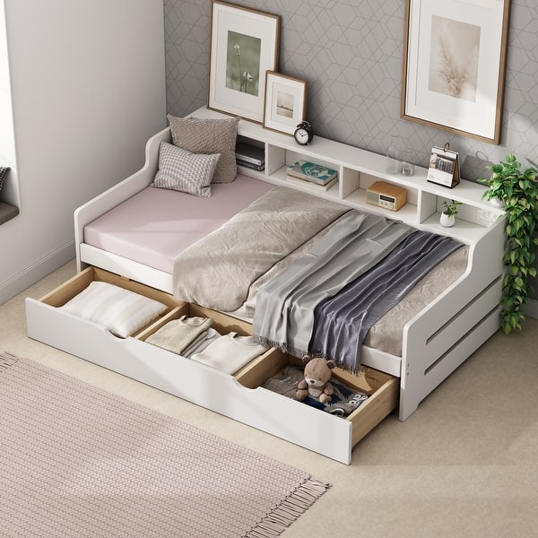 slide 2 of 10, Twin Size Daybed Bed Frame with Trundle - White White - Trundle - Twin