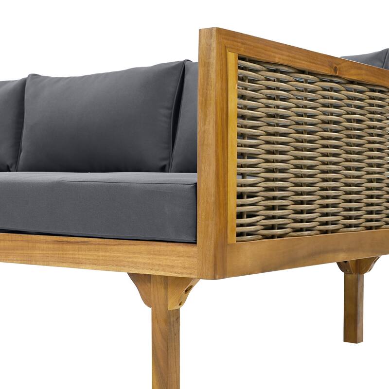 Acacia Wood Daybed with Rattan Arms Slat Paneling and Water Resistant Cushions