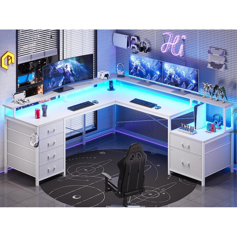 L Shaped Home Office Desk with 6 Drawer File Drawer Power Outlet