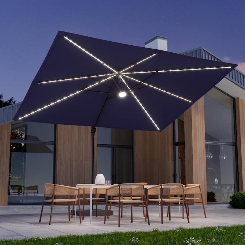 LIVOOSUN 11.5x9FT LED Cantilever Patio Umbrella Solution-Dyed Fabric w/Base - DarkBlue