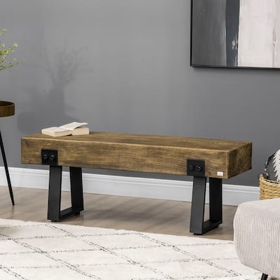 HOMCOM Garden Bench with Metal Legs, Rustic Wood Effect Concrete Dining Bench, Indoor or Outdoor Use, Natural and Black