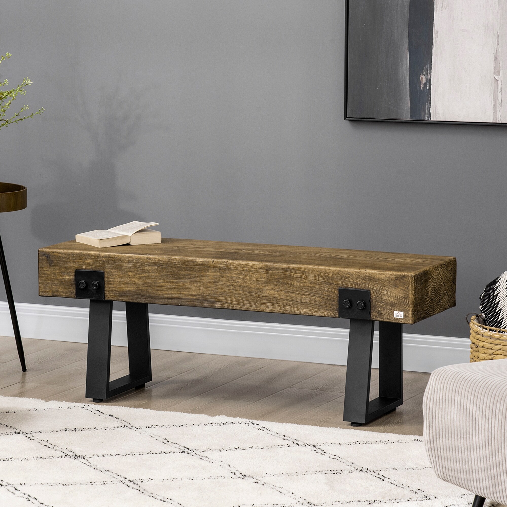 HOMCOM Garden Bench with Metal Legs Rustic Wood Effect Concrete Dining Bench Indoor or Outdoor Use Natural and Black Bed Bath Beyond 36638754