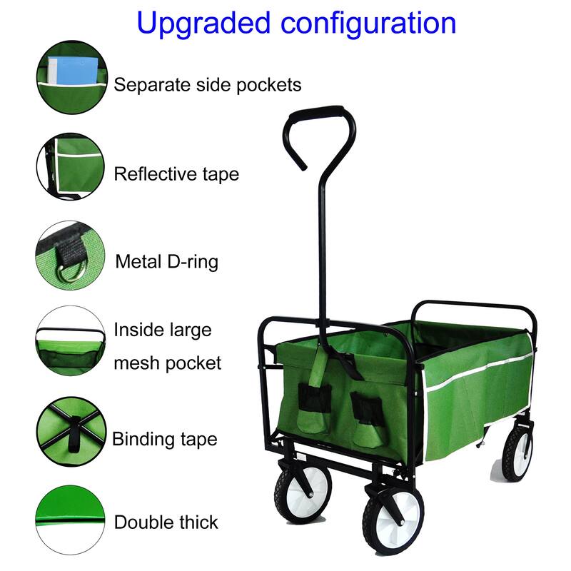 Heavy-Duty Folding Wagon with Large Storage, 600D Fabric, Adjustable Handle, Reflective Safety Straps