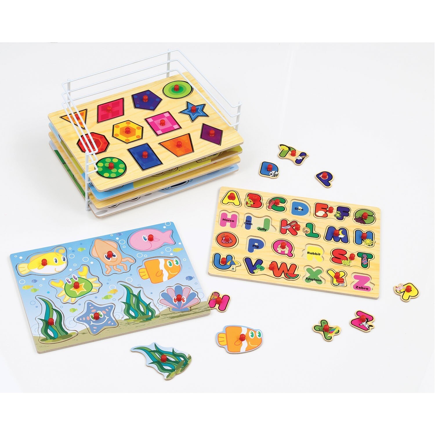 Wood Peg 6 Puzzle Set With Wire Storage Rack Abc Numbers Shapes Vehicles And Animals Educational Puzzles For Kids Multi Overstock 23502423