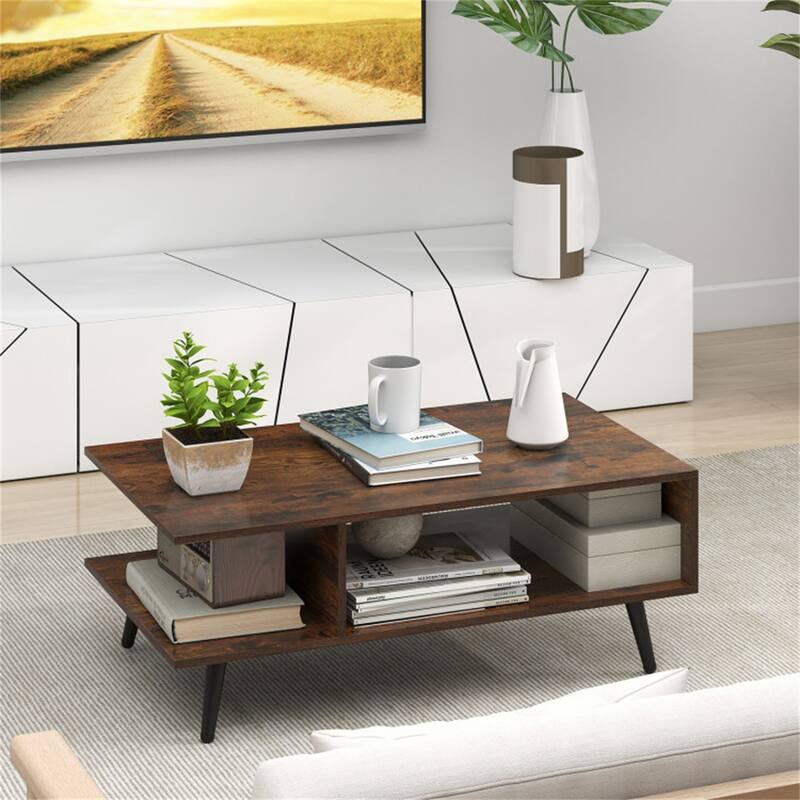 31.5”Long Modern 2-Tier Coffee Table with Open Storage Compartments and Sturdy Metal Legs - 31.5" x 18" x 12"