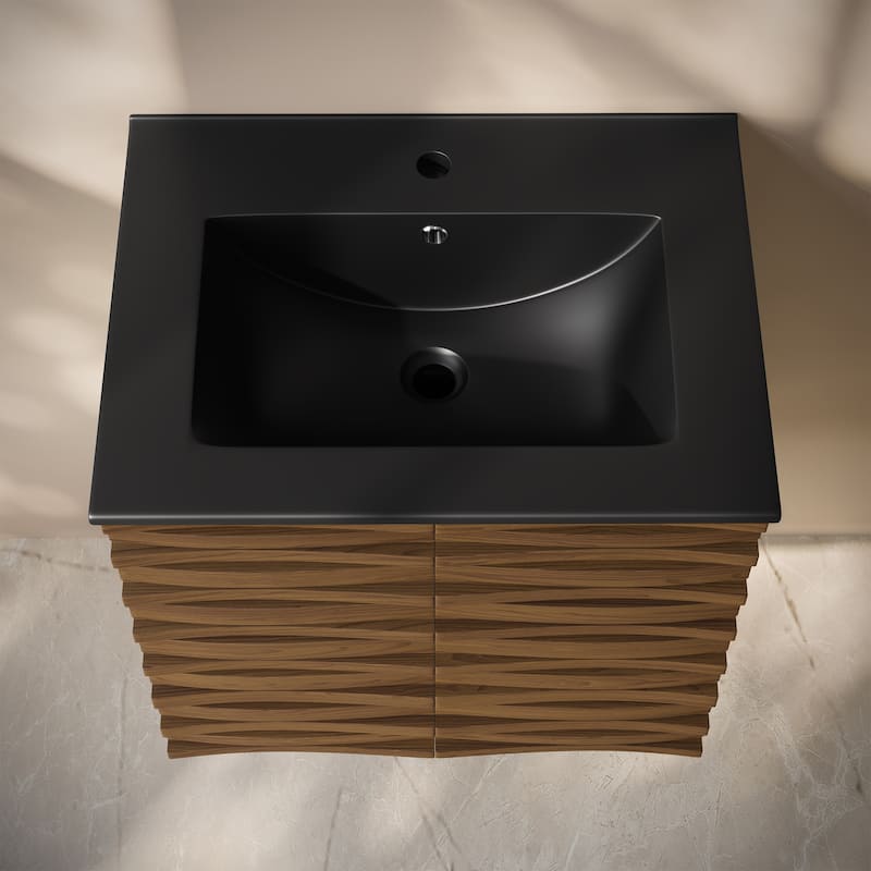 Cascade 24" Wall-Mounted Bathroom Vanity In Brown Oak With Black Sink Top - 24