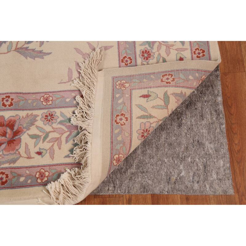 Floral Ivory Aubusson Chinese Area Rug Hand-Knotted Wool Carpet - 9'1"x 12'1"
