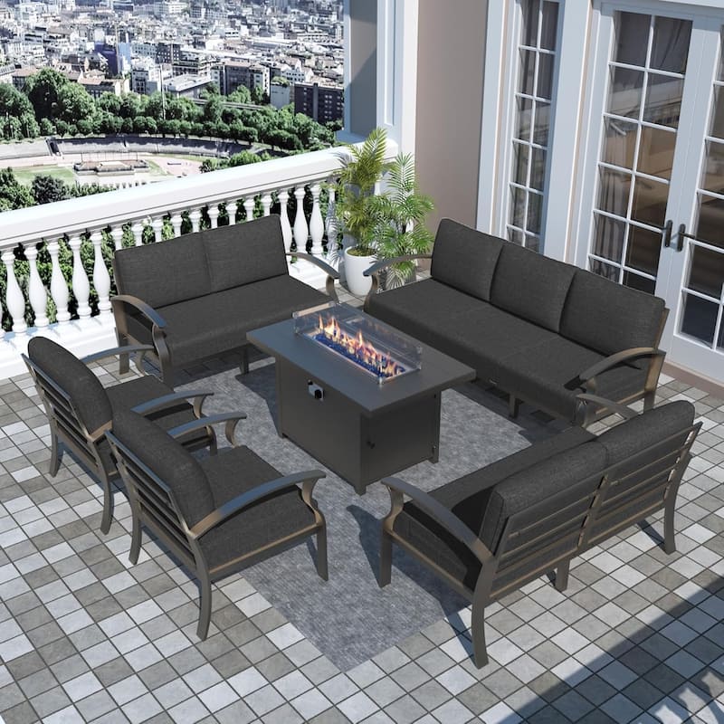 Aluminum Patio Furniture Set with FirePit Ottomans Swivel Chairs,Sectional Sofa with Thick Seat Cushions for Porch Garden - 9-Seats - Black