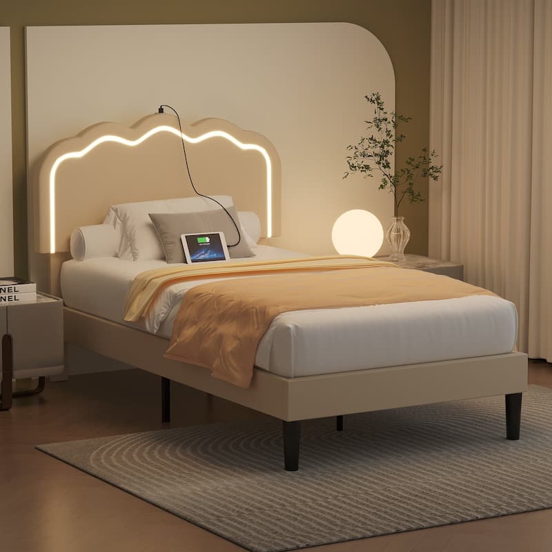 VECELO Upholstered Platform Kids Bed Frame with Headboard & LED Lights,Twin Size Bed Set of 2