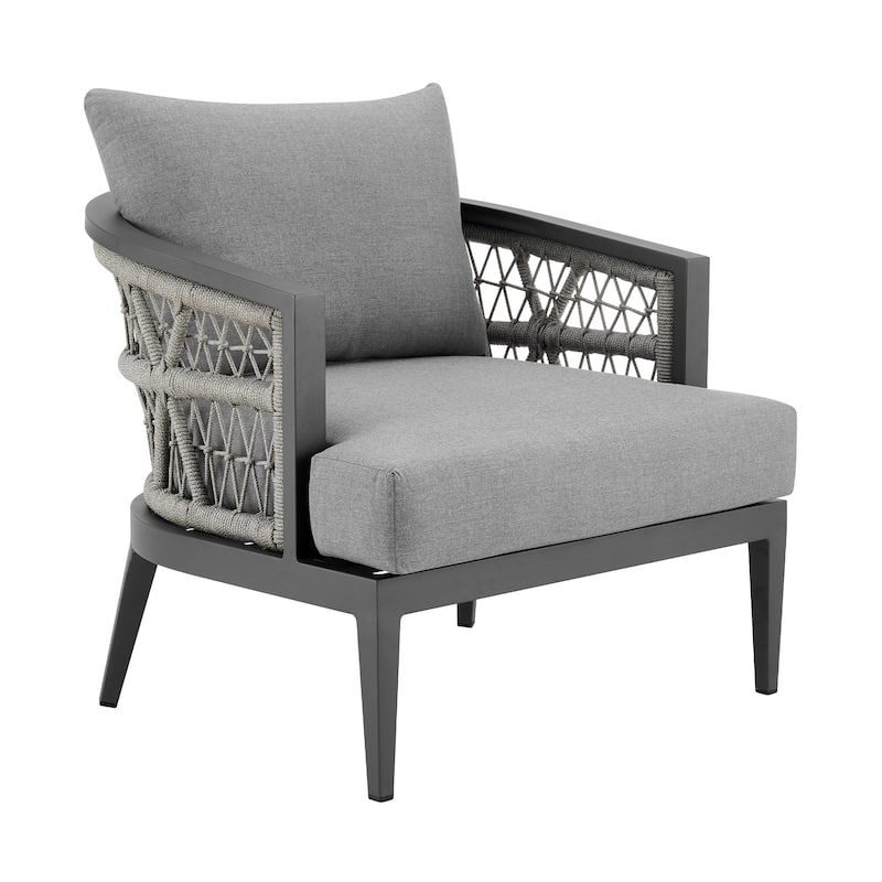 Zella Outdoor Patio Armchair in Aluminum with Light Gray Rope and Earl Gray Cushions