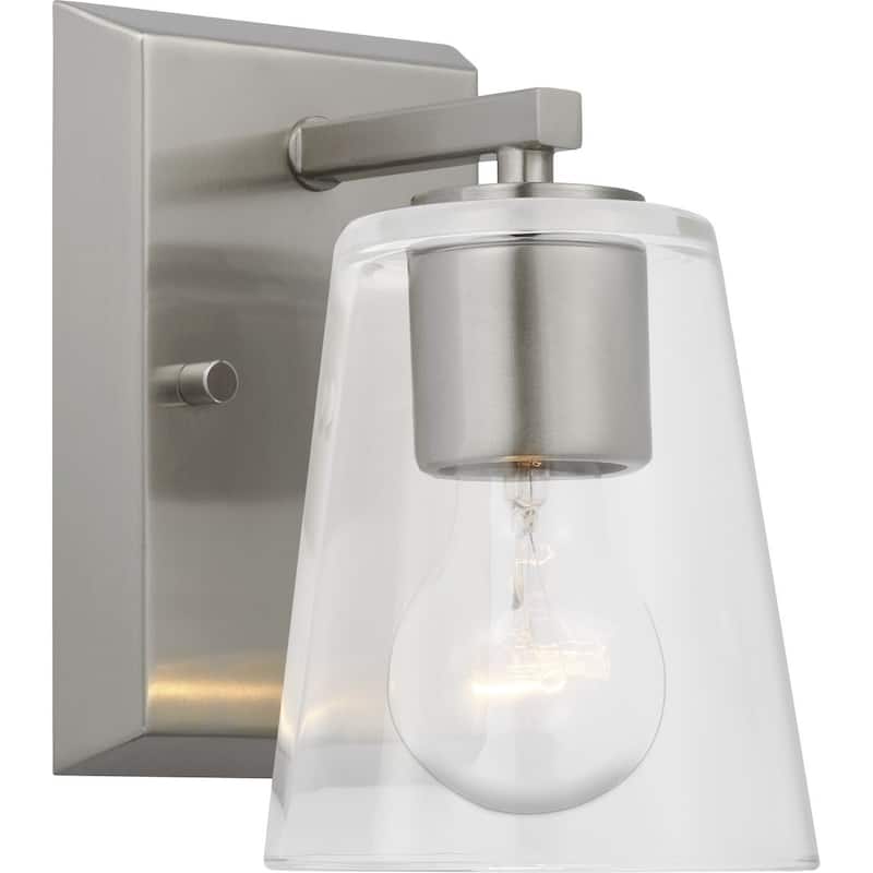 Vertex Collection One-Light Brushed Nickel Clear Glass Contemporary Bath Light - 4.75 in x 6.25 in x 7.5 in