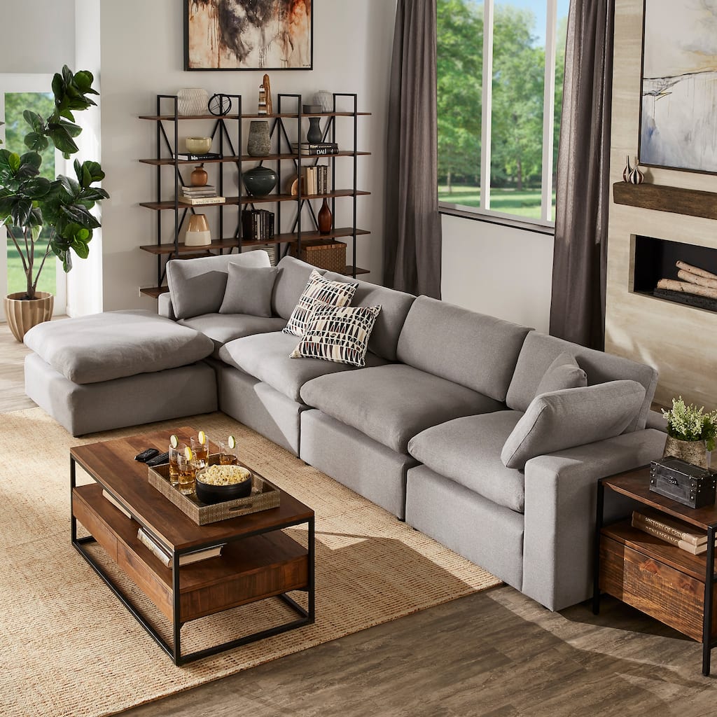 Anka Grey Linen Down Filled Cushioned Chaise Sectional Sofa with Ottoman by iNSPIRE Q Modern
