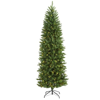 6.5ft. Slim Green Pine Artificial Christmas Tree with 300 Clear LED Lights - Elegant Space-Saving X-Mas Tree