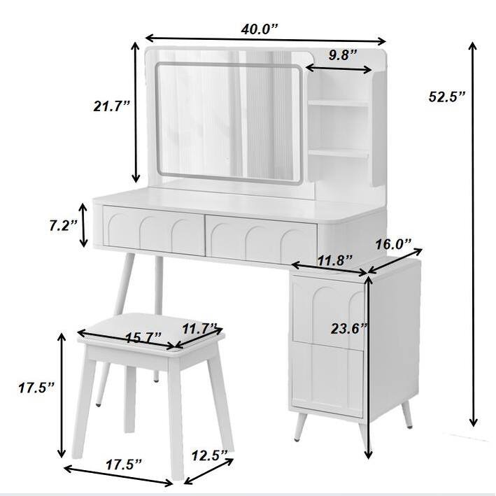 Modern Makeup Vanity Desk with LED Lights & Mirror, 4 Drawer Dressing Table Set with Stool, 3 Colors Dimmable Brightness