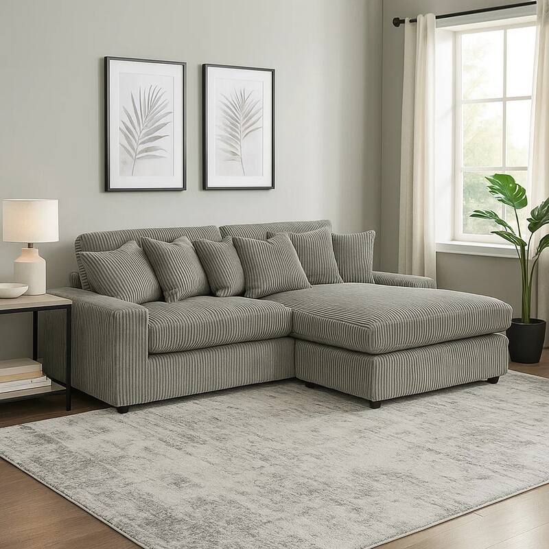 84 Inch Sectional Sofa, 6 Pillows, L Shape, Corduroy Upholstery, Gray