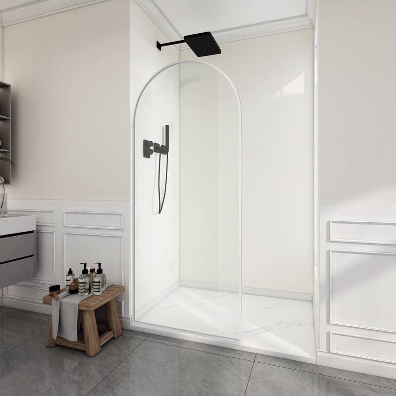Ember Series 34 in. W x 78 in. H Fixed Framed Shower Door in Black, Gold or Nickel Finish with Clear or Fluted Glass