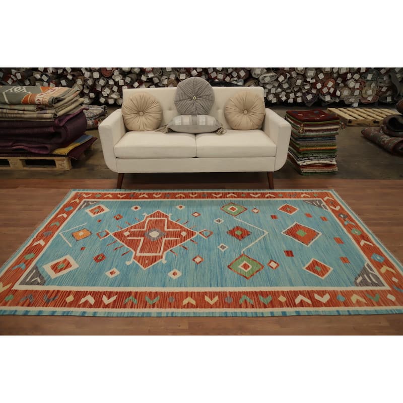 Hand Woven Oriental 100% Wool Carpet Southwestern Tribal Navy Blue & Blues Kilim Area Rug - 8' 1'' X 4' 10''