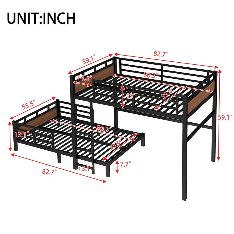 Metal High Loft Bed and Platform Bed, Heavy Duty Metal Bunk Bed Frame, Noise Free, Can be Converted into 2 Beds