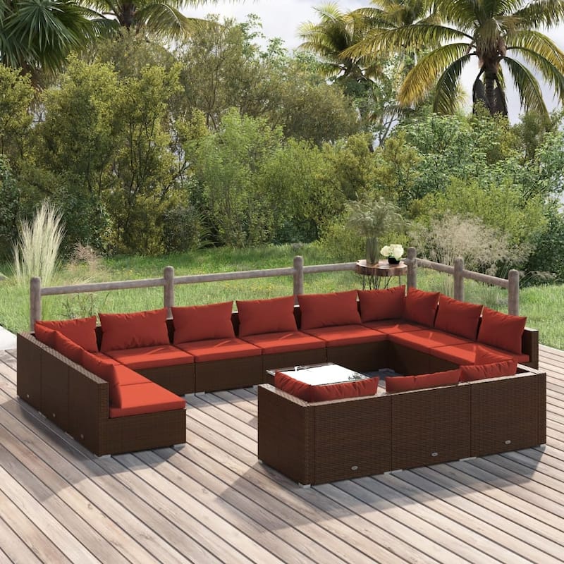 vidaXL Patio Lounge Set with Cushions Brown Poly Rattan - 27.6" x 27.6" x 24" - 27.6" x 27.6" x 24" - Brown/Cinnamon red 1 x Coffee table