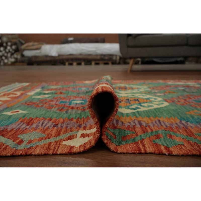 Hand Woven Oriental 100% Wool Carpet Southwestern Tribal Green Kilim Area Rug - 4' 9'' X 3' 6''