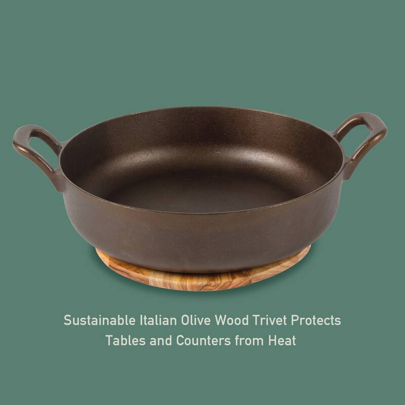 Bloomhouse Natural Bronze Finish Pre-seasoned Cast Iron Grill, Everyday Pan, Skillet & Olive Wood Trivet