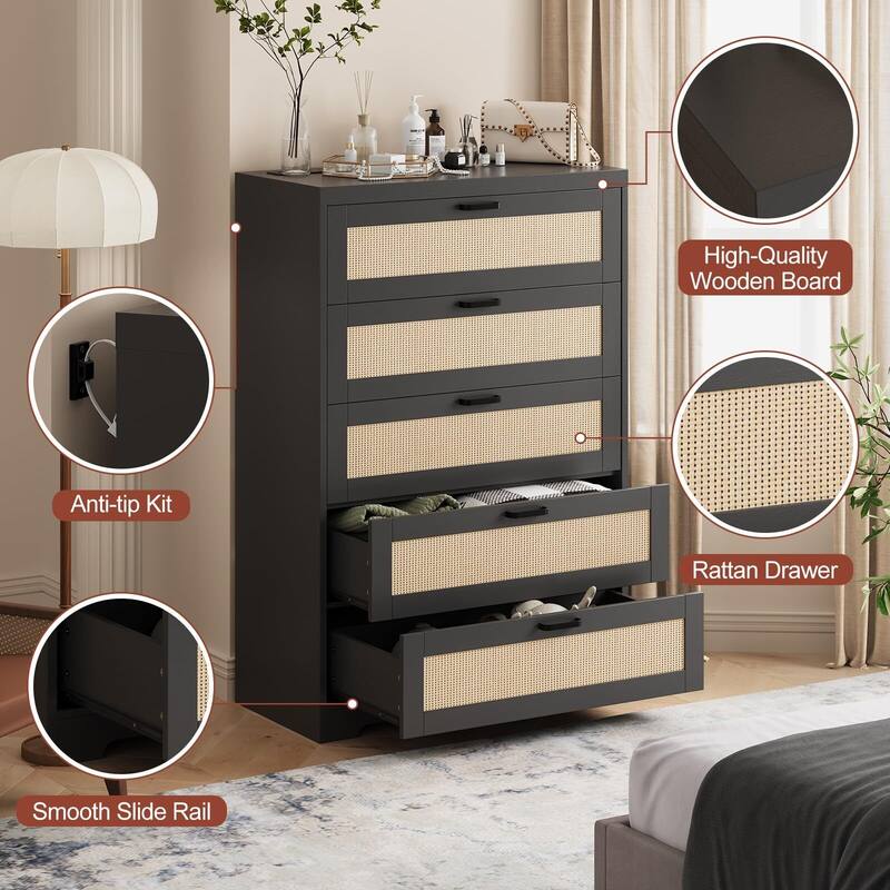 5 Drawers Tall Rattan Dresser, with Wide Top and Handles
