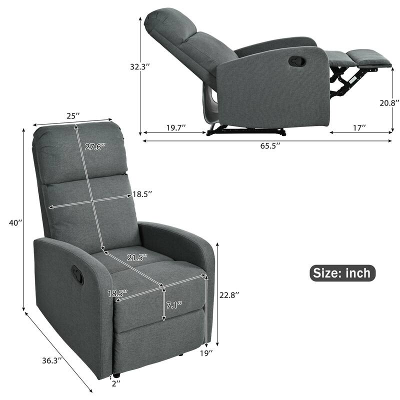 Roomfitters Modern Recliner Manual Recliner Home Theater Chair, Adjustable Recliner for Living Room, Charcoal