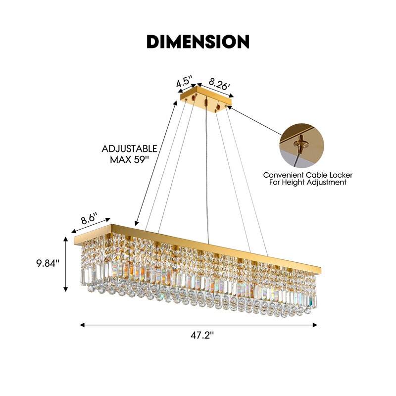 47 in. Gold Crystal Chandelier 10-Light Modern Rectangular Crystal Raindrop Chandelier for Kitchen Island Dining Room