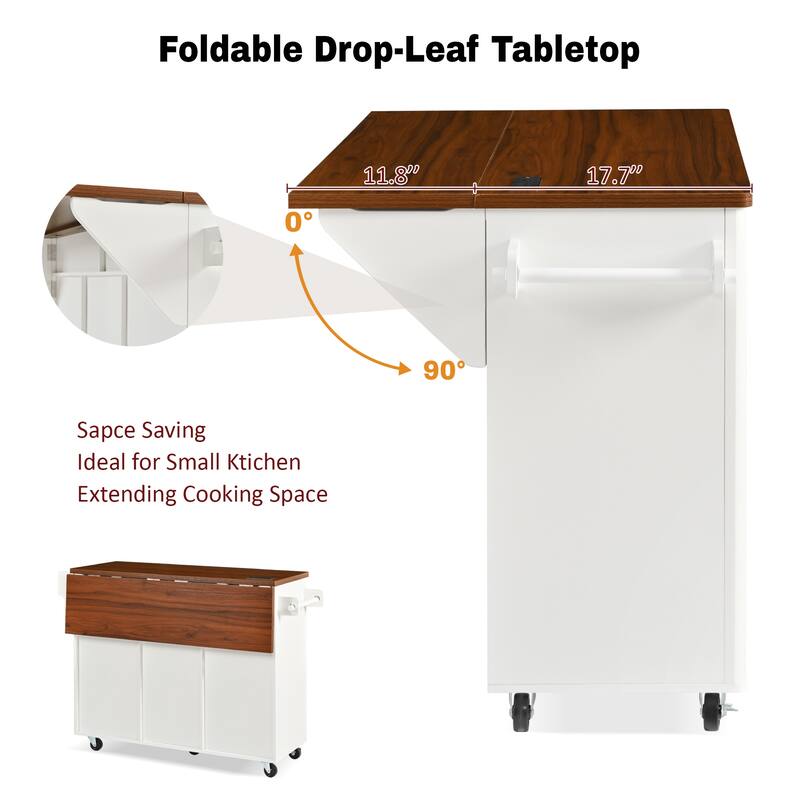 Fluted 52" Kitchen Island Cart with Drop Leaf, Power Outlet, Rolling Island Table with Adjustable Shelves for Versatile Storage