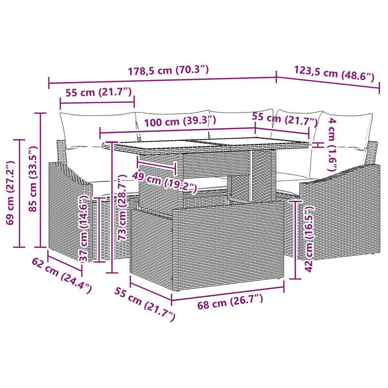 vidaXL 5 Piece Garden Sofa Set with Cushions - 70.3×48.6×27.2