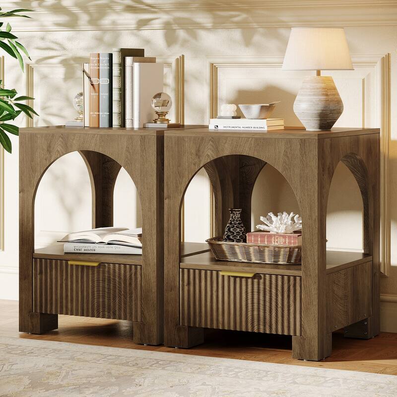 Wood Nightstand with Drawer & Open Shelf, 2-Tier Side Table, End Table, Bedside Table for Bedroom, Living Room